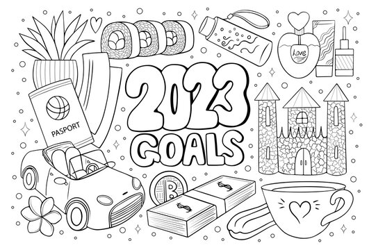 2023 mood board goals to dream life and success antistress coloring page for adults. Manifesting happiness coloring sheet