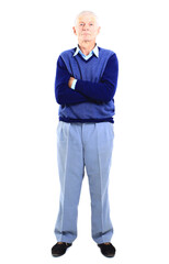 Full length of a happy senior man standing confidently on white background.