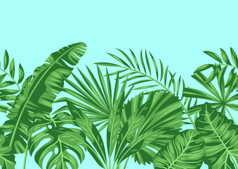 Seamless pattern with stylized palm leaves. Image of tropical foliage and plants.
