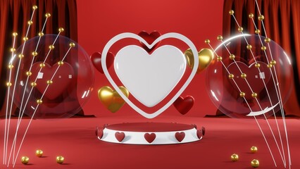 3D rendering of red podium for Valentine products on Valentine's Day.