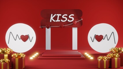 3D rendering of red podium for Valentine products on Valentine's Day.