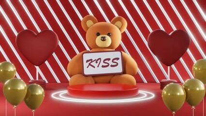 3D rendering of red podium for Valentine products on Valentine's Day.