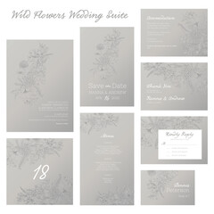 Fototapeta na wymiar Wedding invitation suite. Set of invitation, save the date, menu, rsvp, table number, thank you cards. Hand drawn line illustration with wild flowers composition. Beige background 