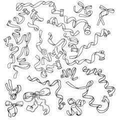 Craft decoration bows and ribbons. Set of hand drawn outline vector illustrations
