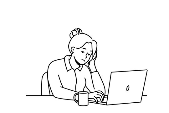 Exhausted female employee sit at office desk work on computer feel sleepy and overwhelmed. Tied woman worker feeling burnout at workplace. Fatigue. Vector illustration. 