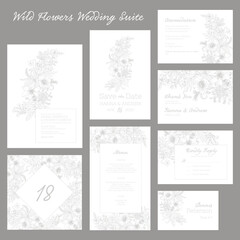 Fototapeta na wymiar Wedding invitation suite. Set of invitation, save the date, menu, rsvp, table number, thank you cards. Hand drawn line illustration with wild flowers composition 