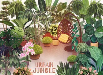 Urban jungle. Hand drawn digital illustration with green house plants