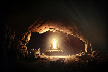 Christian Easter concept resurrection of jesus christ The light shines from the tomb of Jesus. Savior, Messiah, Redeemer, Generative AI