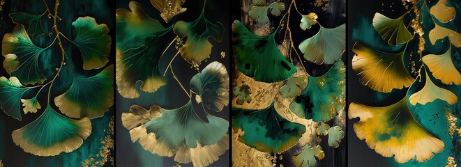 illustration of tropical golden leaf abstract background in collection set 4,  green ginkgo branch  Generative Ai