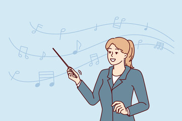 Woman teacher of musical art with pointer in hand stands near notes drawn on wavy line. Composer girl teaches melodies or works as conductor with orchestra in philharmonic society. Flat vector image