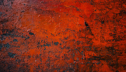 Old red dirty metal sheet with rust and oil stains in the garage background - obrazy, fototapety, plakaty