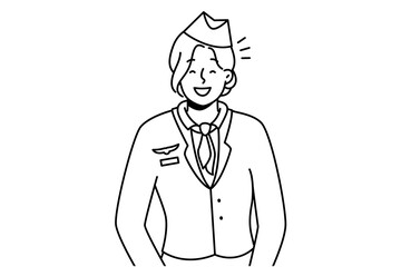 Portrait of smiling young female stewardess in uniform. Happy woman flight attendant feeling optimistic and positive. Occupation. Vector illustration. 