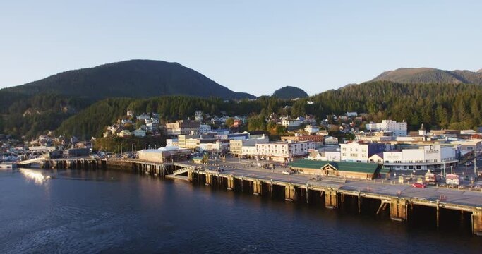 Ketchikan City, Alaska. Cruise ship destination in Alaska Inside Passage. Alaskan sunset in Ketchikan harbor as seen from cruse ship