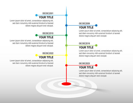 Colour line hit to dartboard with sample infographic. target timeline. Business success data chart, investment goal, marketing challenge, strategy presentation, achievement diagram. vector template.