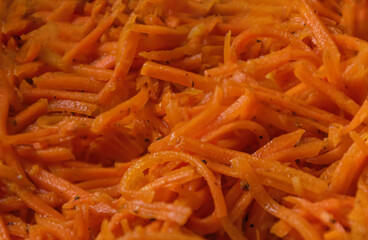 Close-up of Korean carrot salad with spicy spices