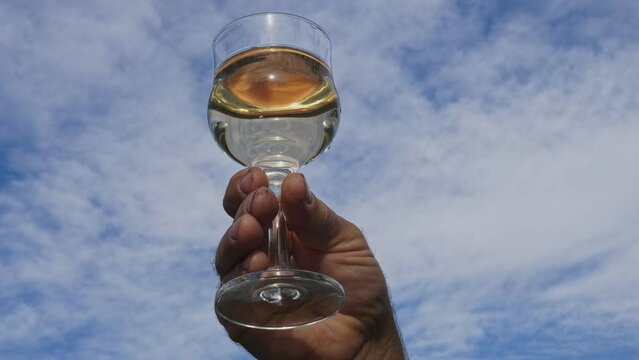 A glass of white wine against a blue sky with white clouds in hand. Home farm production. Small family business. Natural Garage wine