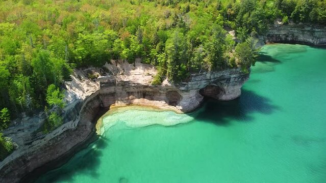 Aerial Rock Formation Descent - Indian Drum - Pictured Rocks National Lakeshore, Michigan