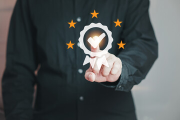 Businessman Hand shows the sign of the top service the best Quality assurance, Guarantee,...