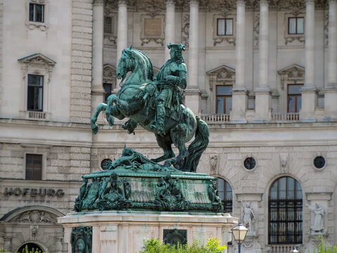 VIENNA, AUSTRIA - JULY 14, 2019:  Equestrian Statue of Prince Eugene Francis of Savoy by  Anton Dominik Fernkorn in the Hofburg