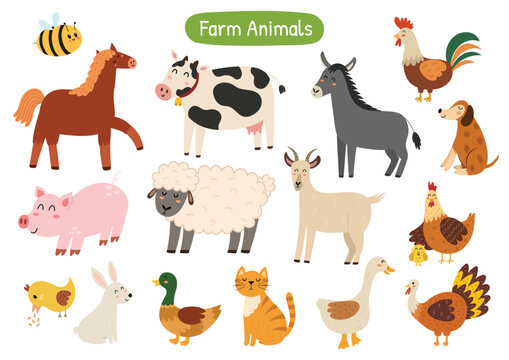 Cute farm animals collection with pig, cow, horse, sheep, goat and other characters. Doodle countryside animals set in cartoon style for kids and baby design. Vector illustration