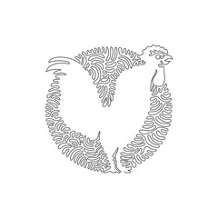 Continuous curve one line drawing. Cute standing rooster. Abstract art in circle. Single line editable stroke vector illustration of friendly pet rooster for logo, wall decor, boho poster print