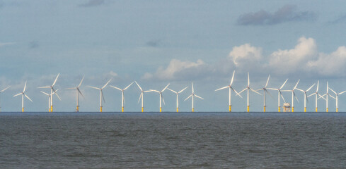 Large wind farm off the Welsh Coast at Rhyll, Wales, UK