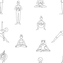 Seamless pattern with single line drawings of a girl sitting and standing in a yoga pose. Doodle illustrations of relaxing workout wallpaper