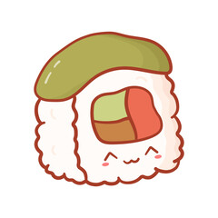 Cute sushi roll in cartoon style. Traditional asian food in doodle style with happy kawaii face. Png on transparent background, vector illustration