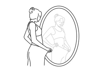 Happy young woman look in mirror see loose big trousers lose weight with sport and diet. Smiling satisfied girl weightloss journey. Vector illustration. 