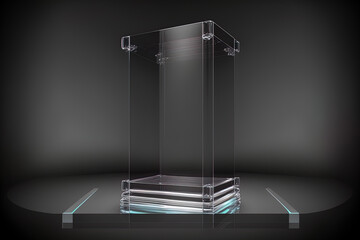 Glass stage stand, backdrop of a product display, and transparency. luxury product presentation in crystal glass podium, rectangular glass, and lighting. Generative AI