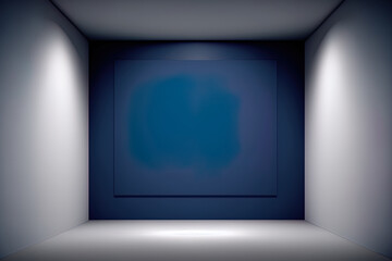 On a white modern art room that is empty, there is a studio showcase backdrop with a dark blue product stage background. Generative AI