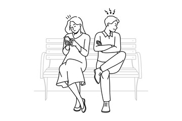 Angry man mad at busy woman using cellphone texting or messaging online in gadget. Stubborn couple sit on bench have relationship problems. Vector illustration. 