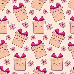 Childish pattern with cute kawaii gift box and flowers, kids print. Cartoon seamless background, cute vector texture for kids bedding, fabric, wallpaper, wrapping paper, textile, t-shirt print