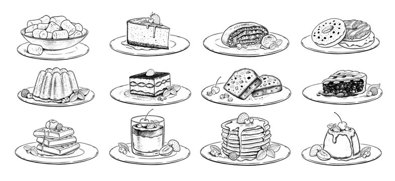 Vector Sketchy Illustrations Set Of Desserts And Sweet Food On Plates.