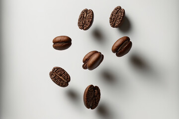 levitated coffee beans on a white backdrop. Generative AI