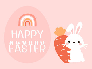 Easter bunny rabbit cartoon, carrot, rainbow, hand drawn fonts and Easter egg on pink background vector.