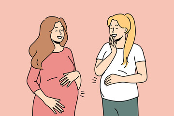 Fototapeta premium Smiling young pregnant women with big bellies excited with future motherhood. Happy moms laugh overjoyed with pregnancy. Vector illustration. 