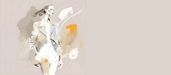 Watercolor Fashion Model Banner. Ivory Glamour Lifestyle Bohemian Design. Elegant Clothes. Stylish Apparel. Generative AI.