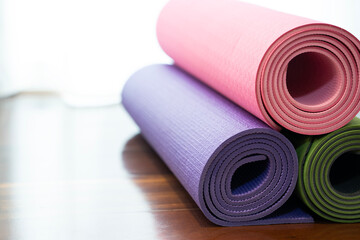 close up of colorful yoga mat on the floor, sport and healthy concept