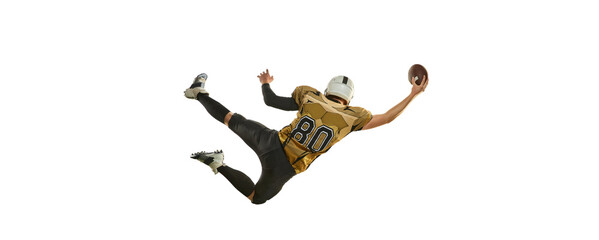 High jump. Man, american football player in motion, training, catching ball over white studio...