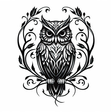 owl tattoo sketch on white background. black ink and geometry created with Generative AI technology