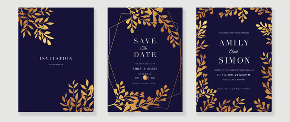 Fototapeta na wymiar Luxury wedding invitation card background vector. Golden texture botanical floral leaf branch with geometric frame line art template. Design illustration for wedding and vip cover template, banner.