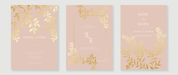 Luxury wedding invitation card background vector. Golden texture botanical floral leaf branch with geometric frame line art template. Design illustration for wedding and vip cover template, banner.