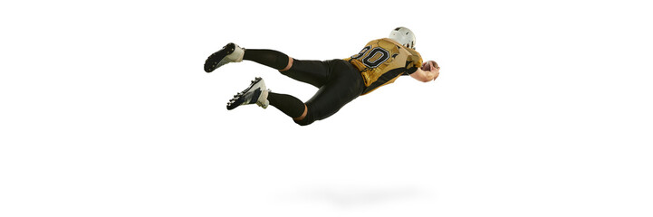 Catching ball in a flight. Man, american football player in motion, training over white studio...