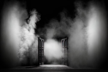Artificial haze and fog against a black background. theater set. Generative AI
