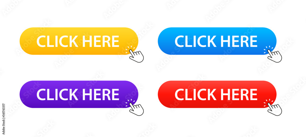 Poster click here button with arrow pointer click on white isolated background. vector illustrationprint
