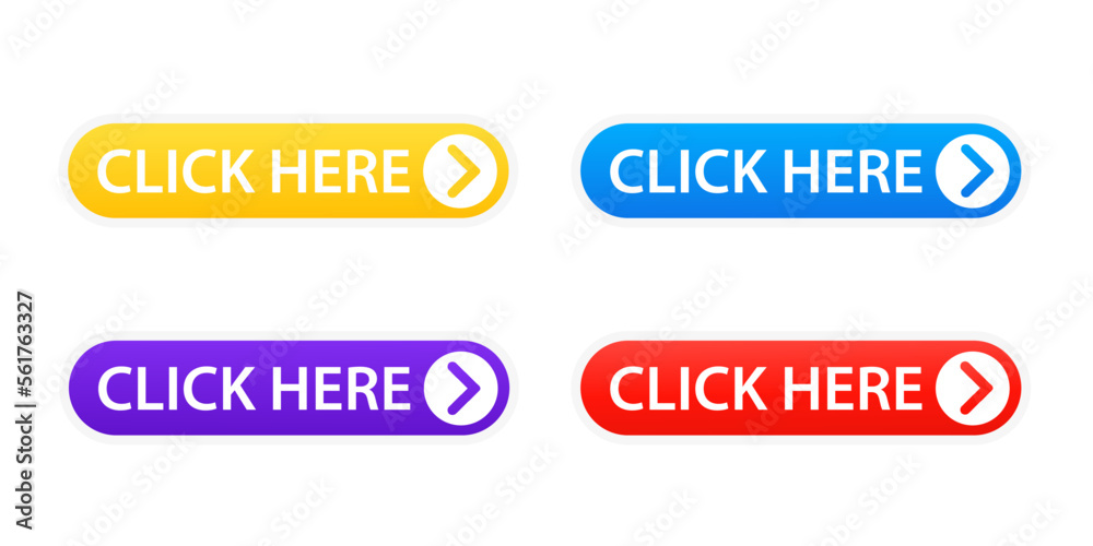Poster click here button with arrow pointer click on white isolated background. vector illustration