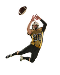 Man, professional american football player in motion, training, catching ball over white studio...