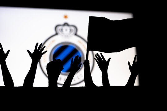 Winning or championship of Club Brugge football club, celebrating concept, soccer team fans silhouette with flag