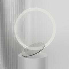 Pattern glass white 3D rendering product backdrop with silver stand and  with glowing neon